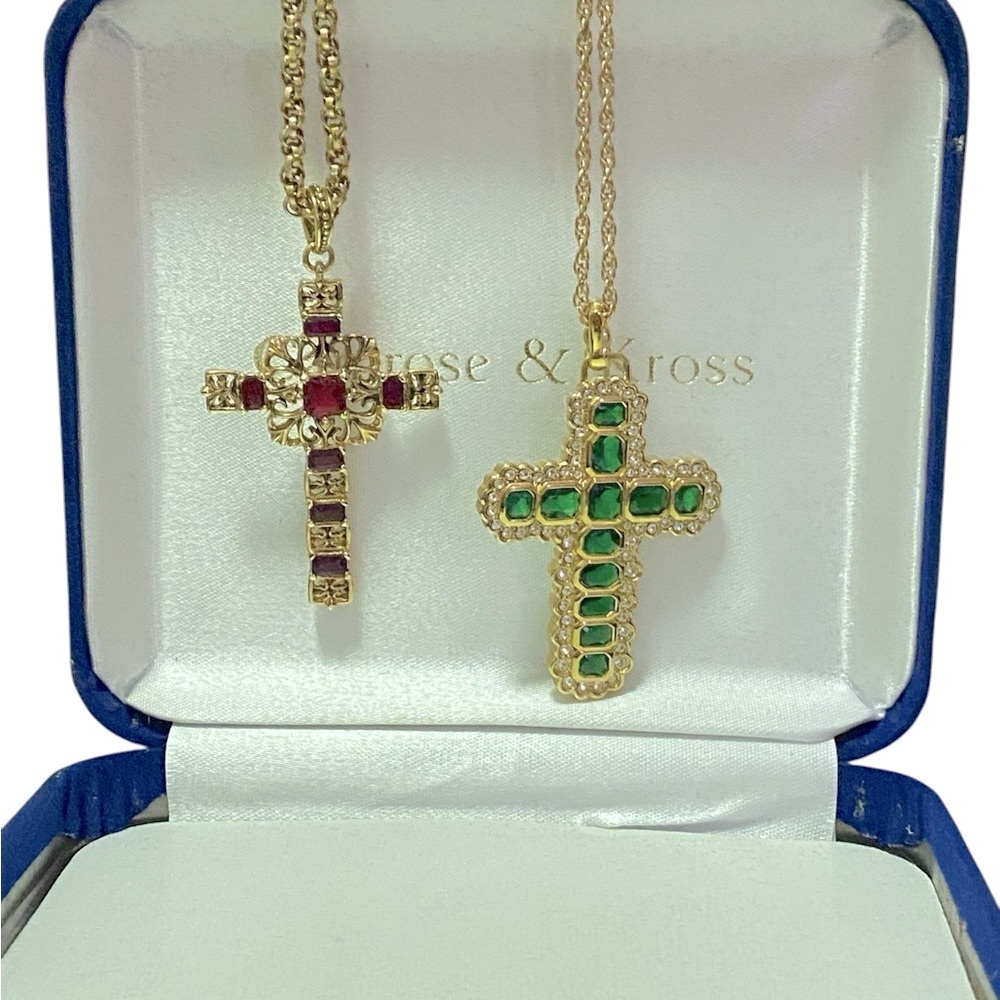 2 Camrose Kross Jackie Kennedy Faux Emerald & Ruby Gold-Tone Cross.12K GF Chains